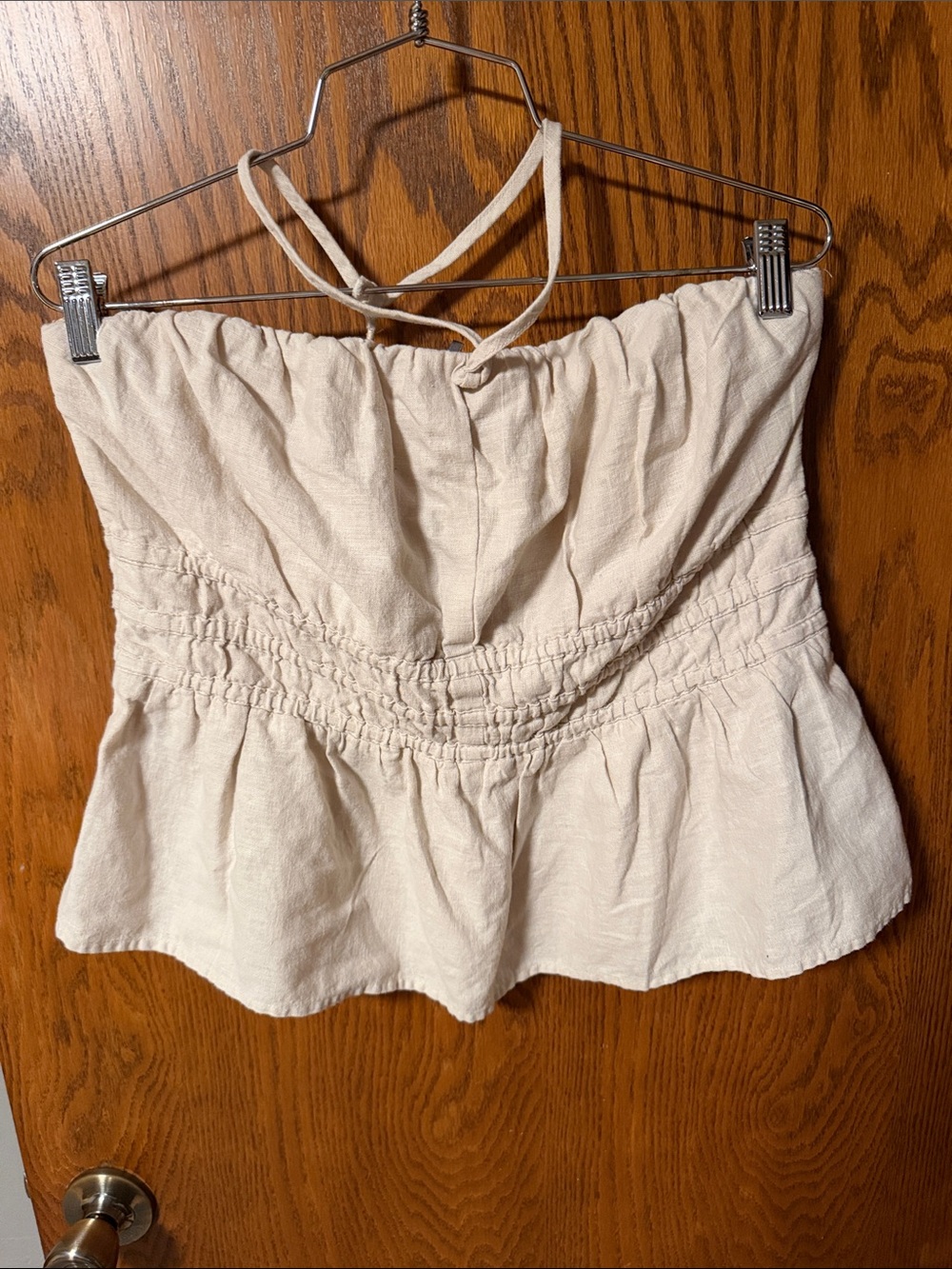 Anthropologie Cream Smocked Strapless Peplum Crop Top